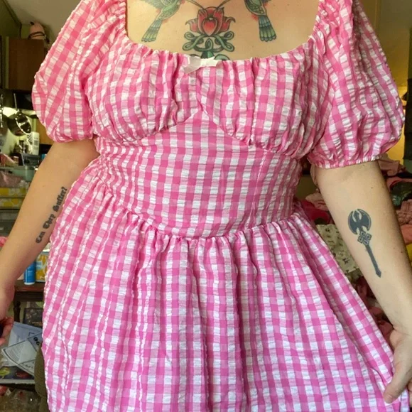 Pink white gingham puff sleeve cottagecore dress - Picture 3 of 3